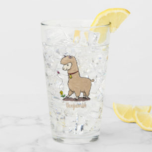 Cute happy alpaca with butterfly cartoon glass