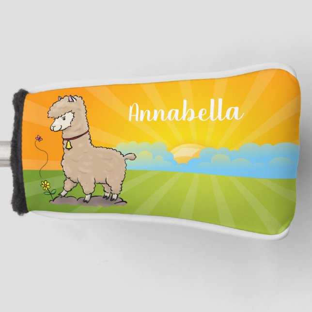 Cute happy alpaca with butterfly cartoon golf head cover (Front)