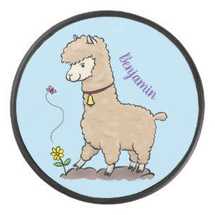 Cute happy alpaca with butterfly cartoon hockey puck
