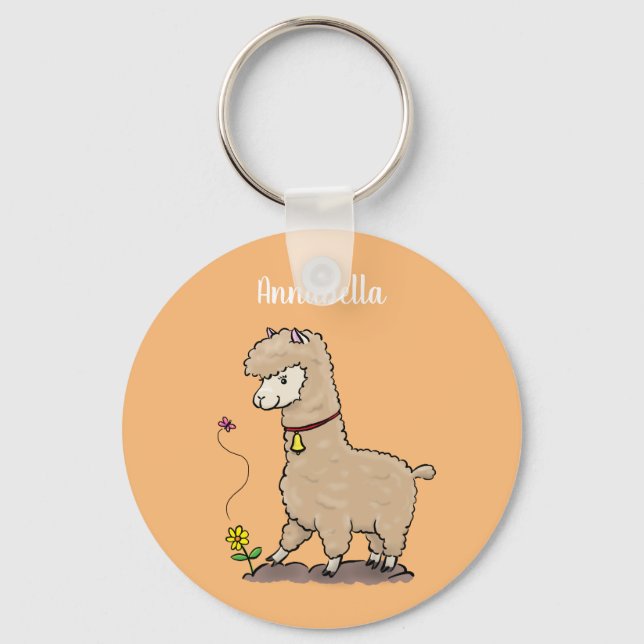 Cute happy alpaca with butterfly cartoon keychain (Front)