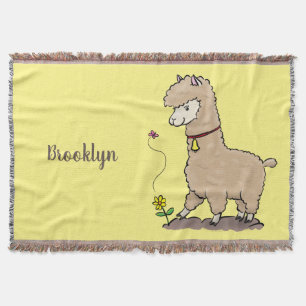 Cute happy alpaca with butterfly cartoon throw blanket
