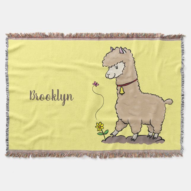 Cute happy alpaca with butterfly cartoon throw blanket (Front)
