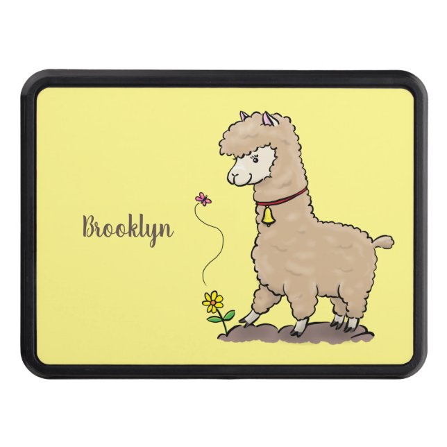 Cute happy alpaca with butterfly cartoon trailer hitch cover (Front)