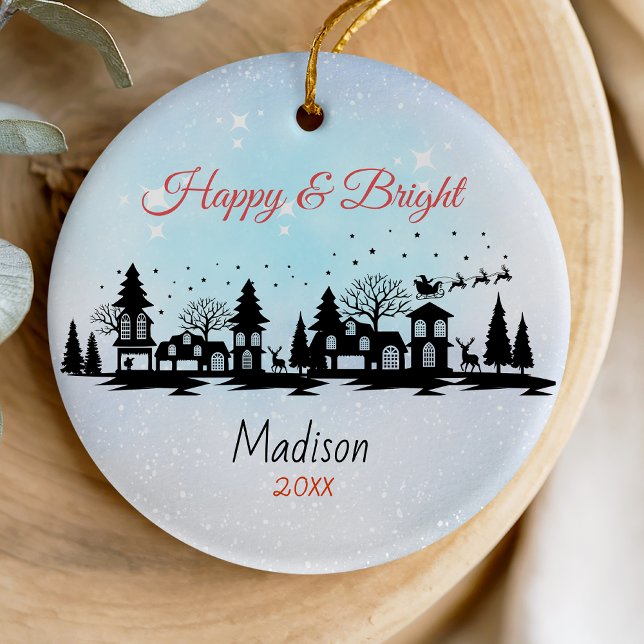 Cute happy and bright santa sleigh Christmas Ceramic Ornament (Creator Uploaded)