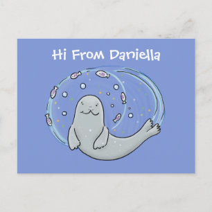 Cute happy and seal blue cartoon illustration postcard