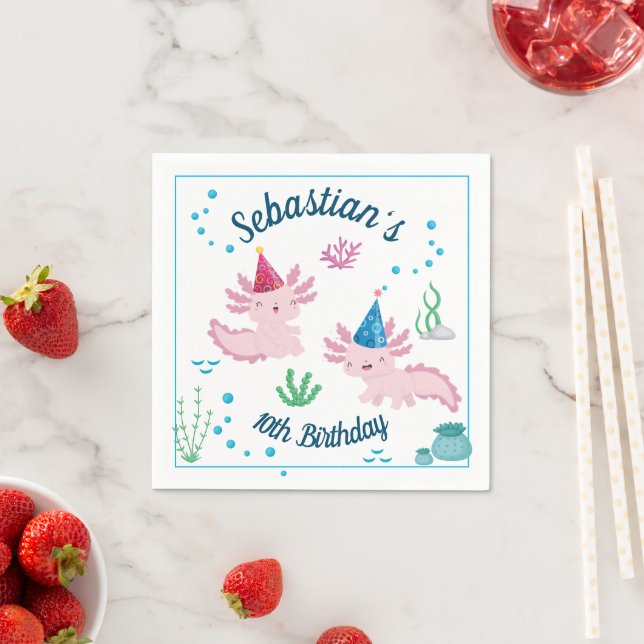 Cute Happy Axolotl White Birthday Party Napkins (Insitu)