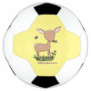 Cute happy baby deer cartoon illustration soccer ball