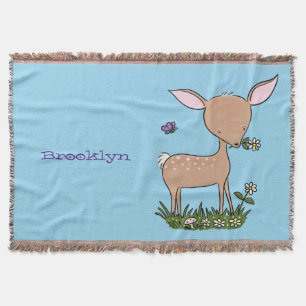 Cute happy baby deer cartoon illustration throw blanket