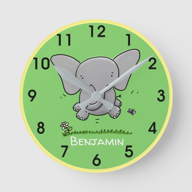 Cute happy baby elephant cartoon illustration round clock (Front)