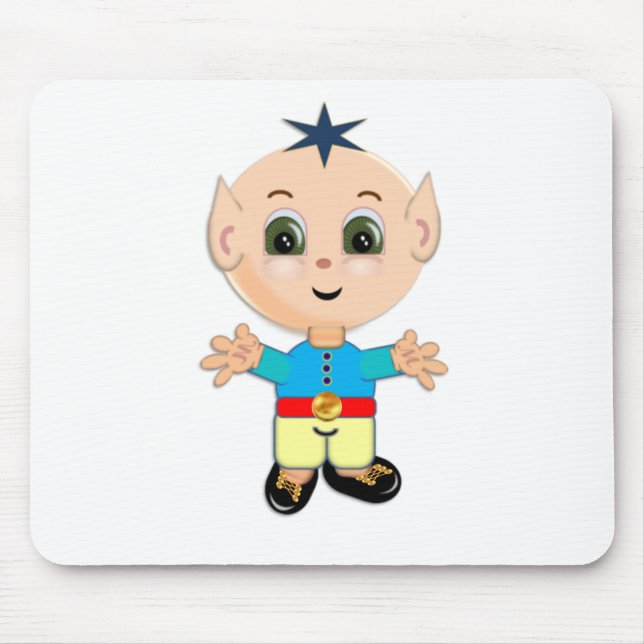 Cute happy baby elf in blue and yellow clothes mouse pad (Front)