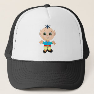 Cute happy baby elf in blue and yellow clothes trucker hat