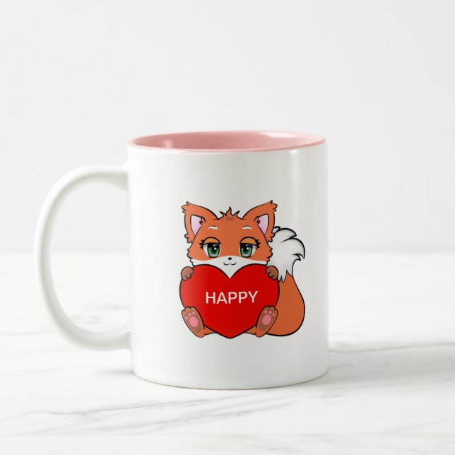 Cute Happy Baby Fox with Heart Two-Tone Coffee Mug (Left)