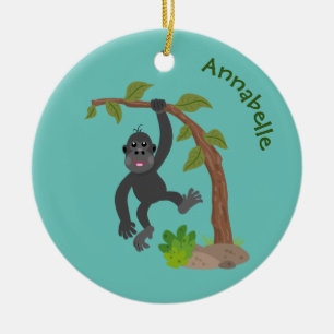 Cute happy baby gorilla cartoon illustration ceramic ornament