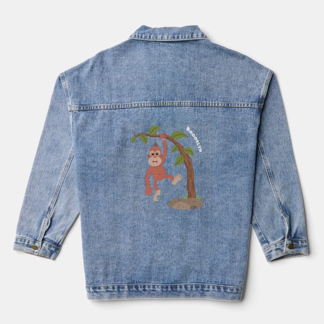 Cute happy baby orangutan cartoon illustration denim jacket (Back)