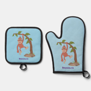 Cute happy baby orangutan cartoon illustration oven mitt & pot holder set