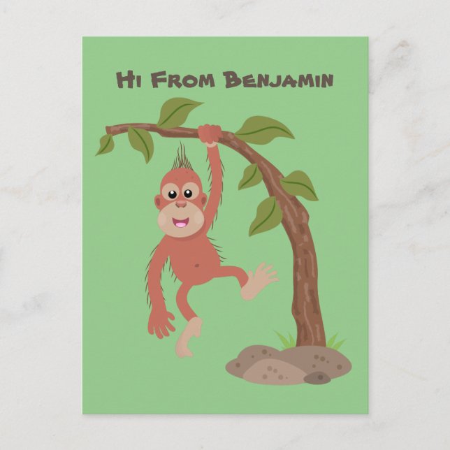 Cute happy baby orangutan cartoon illustration postcard (Front)
