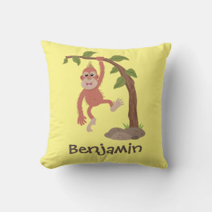 Cute happy baby orangutan cartoon illustration throw pillow