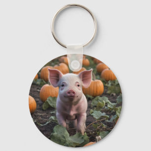 Cute Happy Baby Pig In The Pumpkin Patch, Keychain