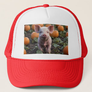 Cute Happy Baby Pig In The Pumpkin Patch, Trucker Hat