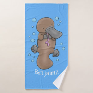 Cute happy baby platypus cartoon illustration bath towel set