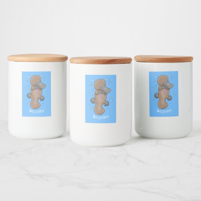 Cute happy baby platypus cartoon illustration food label (Bottles)