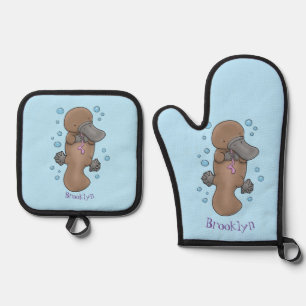 Cute happy baby platypus cartoon illustration oven mitt & pot holder set