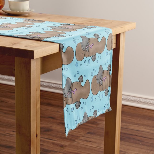Cute happy baby platypus cartoon illustration short table runner (In Situ)