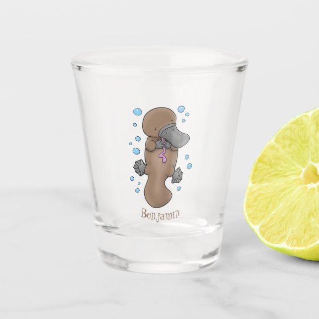 Cute happy baby platypus cartoon illustration shot glass (Front)