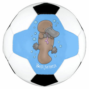 Cute happy baby platypus cartoon illustration soccer ball
