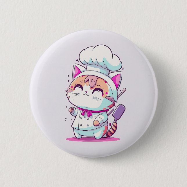 Cute Happy Baker Pastry Chef Cat Kitten | 2 Inch Round Button (Front)