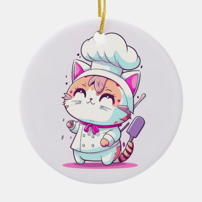 Cute Happy Baker Pastry Chef Cat Kitten | Ceramic Ornament (Front)