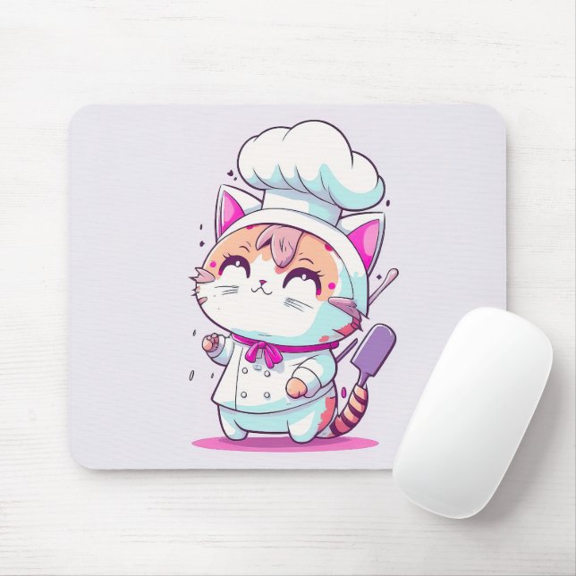 Cute Happy Baker Pastry Chef Cat Kitten | Mouse Pad (With Mouse)