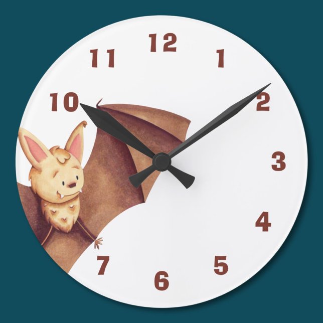 Cute Happy Bat Cartoon Nursery Brown Round Clock (Creator Uploaded)