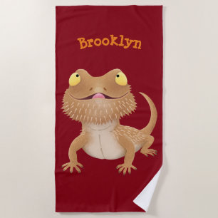 Cute happy bearded dragon lizard cartoon beach to towel