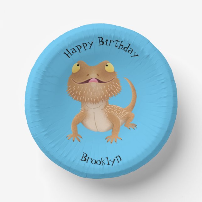 Cute happy bearded dragon lizard cartoon paper plate (Front)