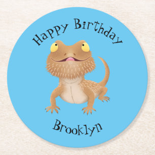 Cute happy bearded dragon lizard cartoon round paper coaster