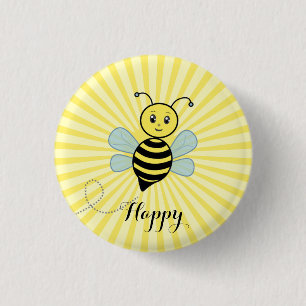 Cute happy bee and calligraphy on yellow sun rays 1 inch round button