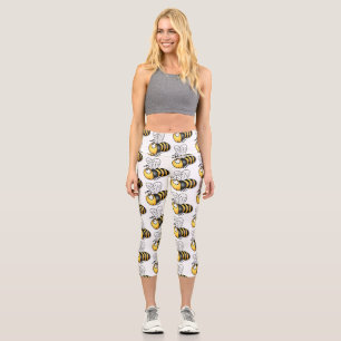 Cute happy bee cartoon illustration capri leggings