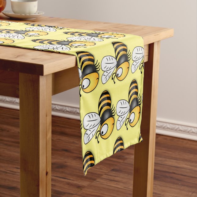 Cute happy bee cartoon illustration short table runner (In Situ)