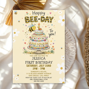 Cute Happy Bee-Day 1st Birthday for Kids Invitation