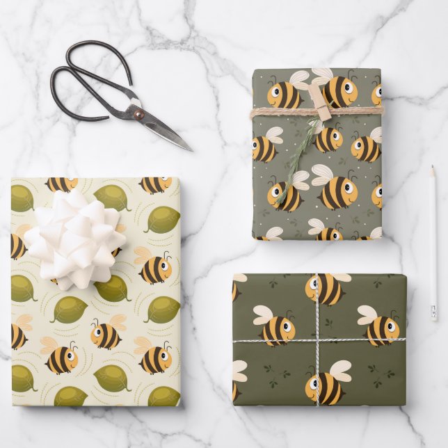 Cute Happy Bees Wrapping Paper Sheet (Front)