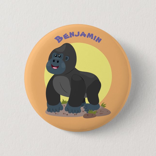 Cute happy big gorilla cartoon illustration 2 inch round button (Front)