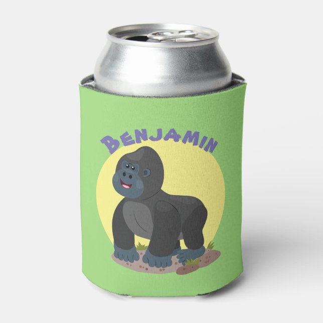 Cute happy big gorilla cartoon illustration can cooler (Can Front)
