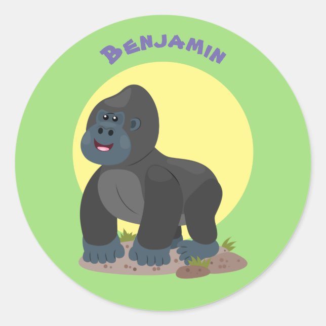 Cute happy big gorilla cartoon illustration classic round sticker (Front)