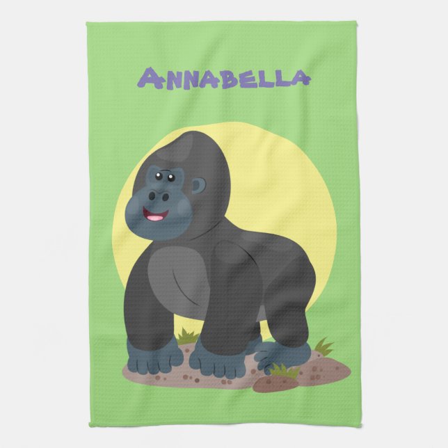 Cute happy big gorilla cartoon illustration kitchen towel (Vertical)