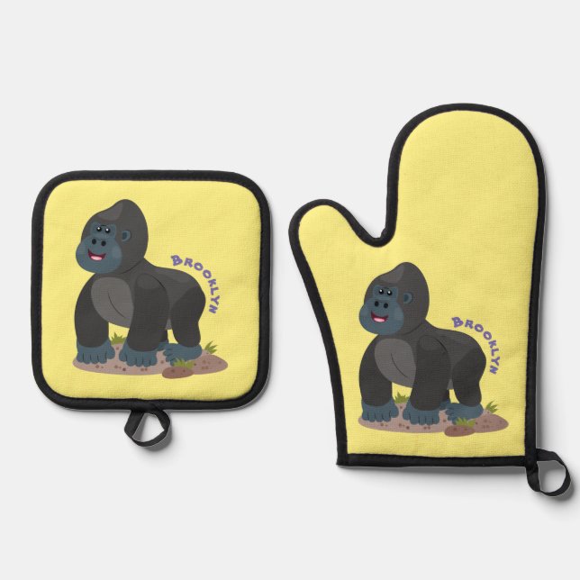 Cute happy big gorilla cartoon illustration oven mitt & pot holder set (Front)