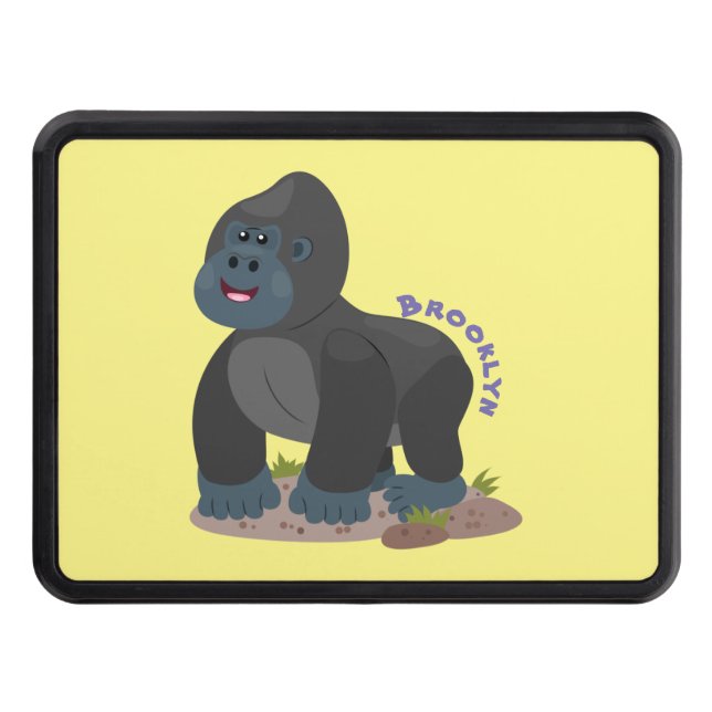 Cute happy big gorilla cartoon illustration trailer hitch cover (Front)
