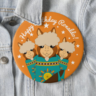 Cute Happy Birthday Boy Alpacas in Teal Serapes 6 Inch Round Button