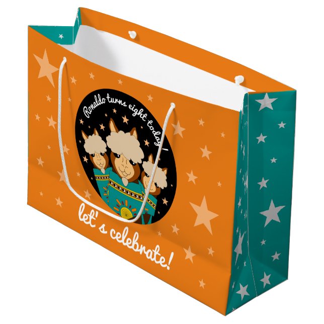 Cute Happy Birthday Boy Alpacas in Teal Serapes Large Gift Bag (Front Angled)