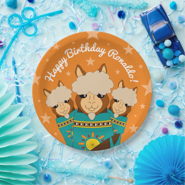 Cute Happy Birthday Boy Alpacas in Teal Serapes Paper Plate (Party)